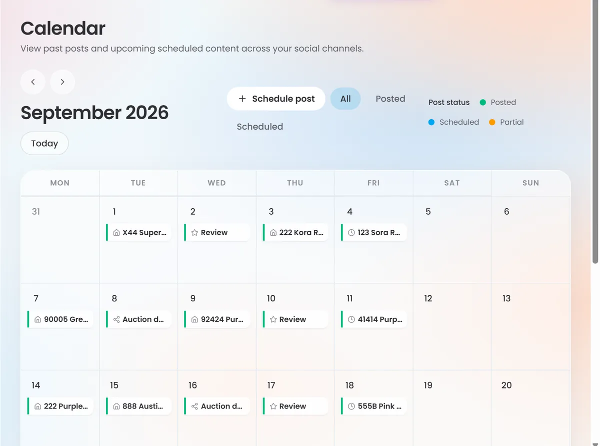 Dripflow calendar for September with listing, open home and review posts