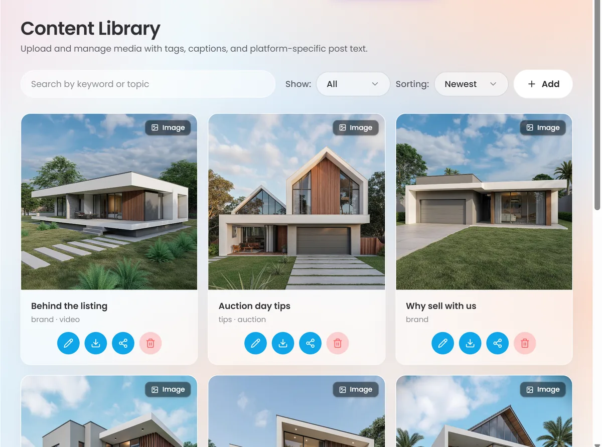 Dripflow content library of images with their titles and tags